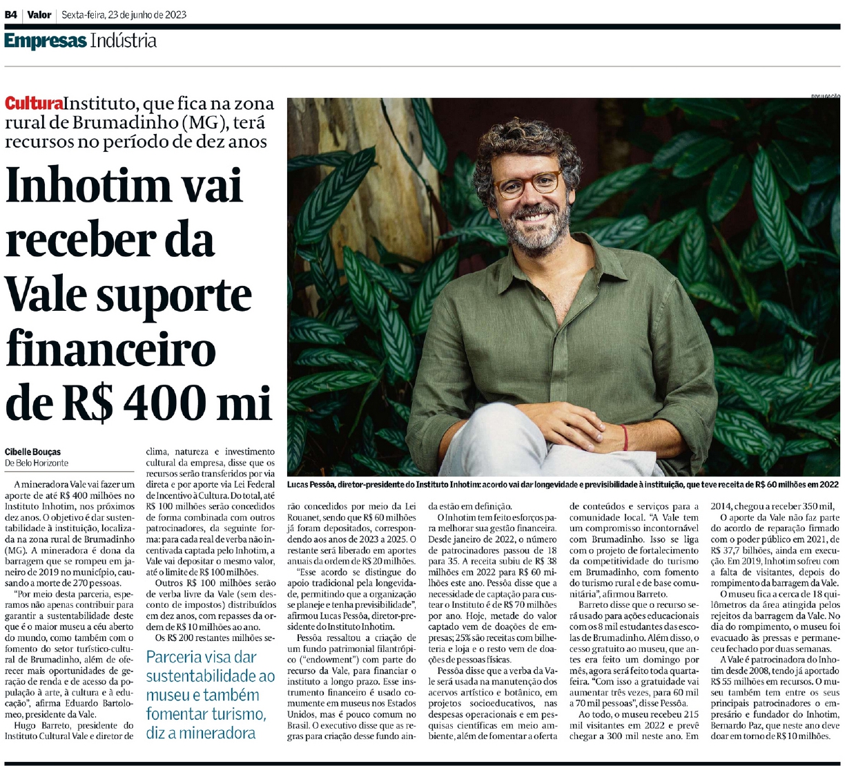 Inhotim vai receber da Vale suporte financeiro de R$400 mi